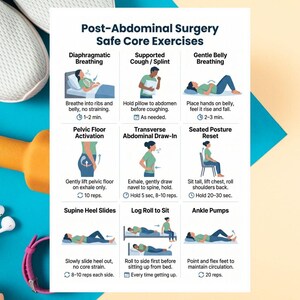 May include: A white infographic detailing safe core exercises after abdominal surgery. The exercises include breathing techniques, pelvic floor activation, and seated posture reset. Each exercise is illustrated with a simple drawing and instructions.
