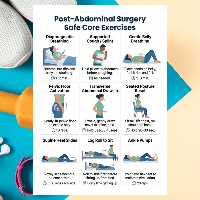 May include: A white infographic detailing safe core exercises after abdominal surgery. The exercises include breathing techniques, pelvic floor activation, and seated posture reset. Each exercise is illustrated with a simple drawing and instructions.