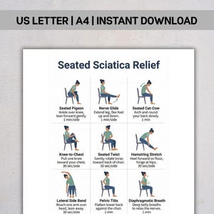 Könnte beinhalten: Ein weißer Druck mit dem Text "US LETTER | A4 | INSTANT DOWNLOAD" oben. Darunter wird der Text "Seated Sciatica Relief" über neun Illustrationen von Sitzübungen mit Anweisungen und Zeitangaben angezeigt.