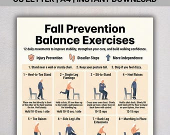 Fallvermeidung Balance-Übungen zum Ausdrucken für Senioren, 16 Stabilitätsübungen, Stuhl & Stehen, ältere Menschen Mobiliät Poster, A4 US Letter