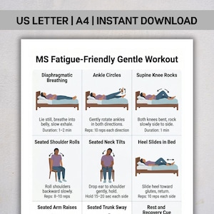 Pode incluir: Um guia de treino imprimível intitulado "MS Fatigue-Friendly Gentle Workout". O guia inclui ilustrações e instruções para exercícios como respiração diafragmática, círculos de tornozelo e rotações de ombros sentados. O texto "US LETTER | A4 | INSTANT DOWNLOAD" está no topo.