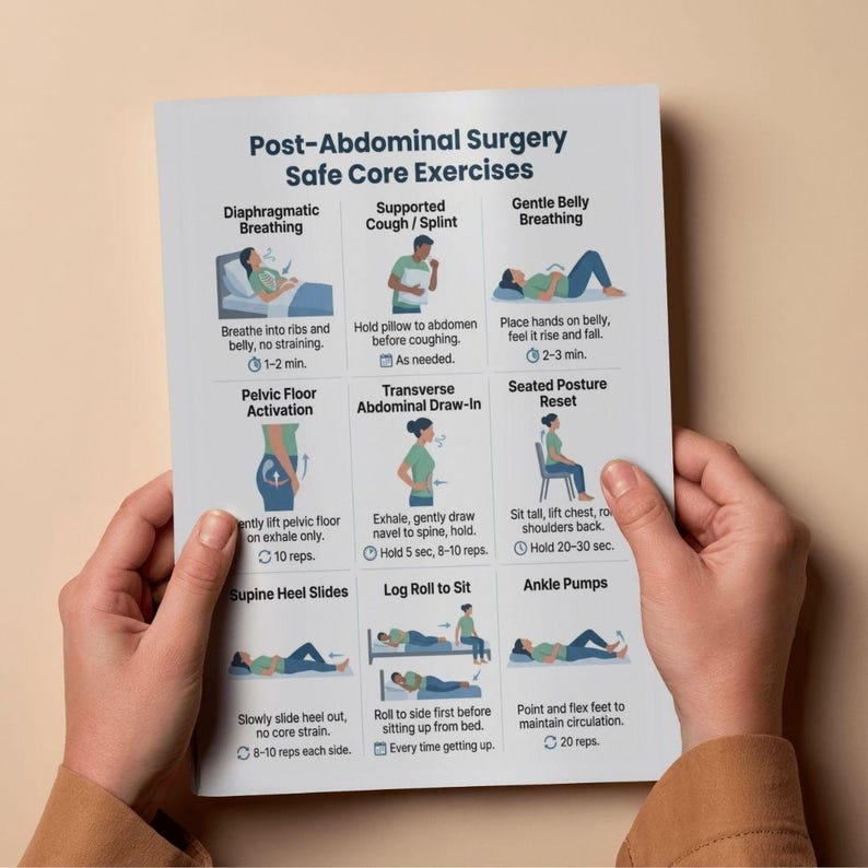 May include: A white paper with the title "Post-Abdominal Surgery Safe Core Exercises" is held by two hands. The paper features illustrations and instructions for exercises like breathing, pelvic floor activation, and ankle pumps.