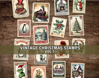 Fake Vintage Christmas Stamps Vol 1, Junk Journal Kit, Digital Download, Printable Pages, Victorian Style, Vintage Ephemera, Scrapbook