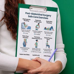 May include: A green clipboard with a printed guide titled "Post-Abdominal Surgery Safe Core Exercises" is held. The guide features illustrations and instructions for exercises like diaphragmatic breathing and pelvic floor activation. A purple pen rests on the clipboard.