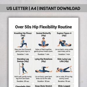 Over 50s Hip Flexibility Routine PDF, Senior Stretching Chart, Lower Back Mobility PDF, Gentle Joint Exercises, Instant Download