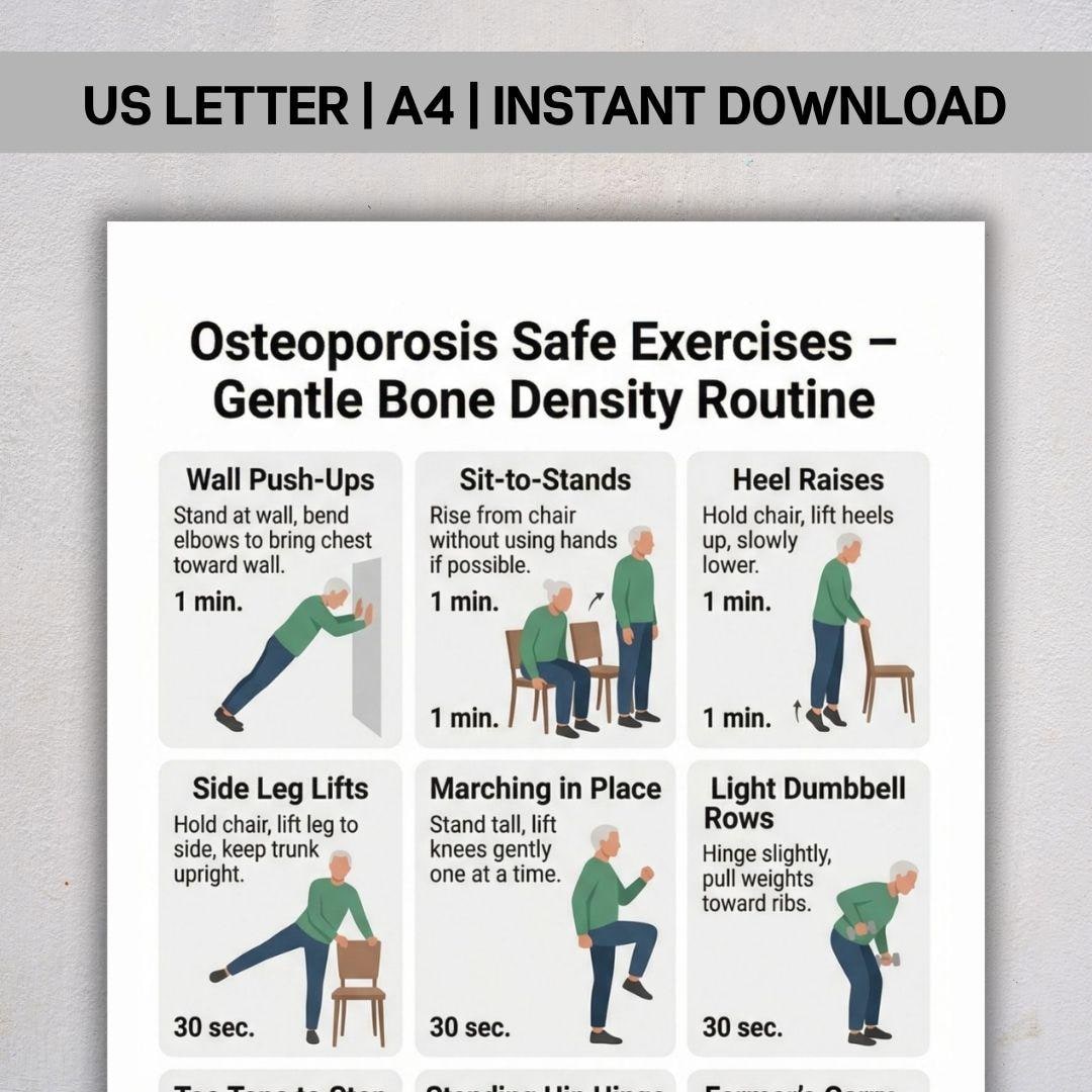 Osteoporosis Safe Exercises Printable PDF, Bone Density Workout Chart ...