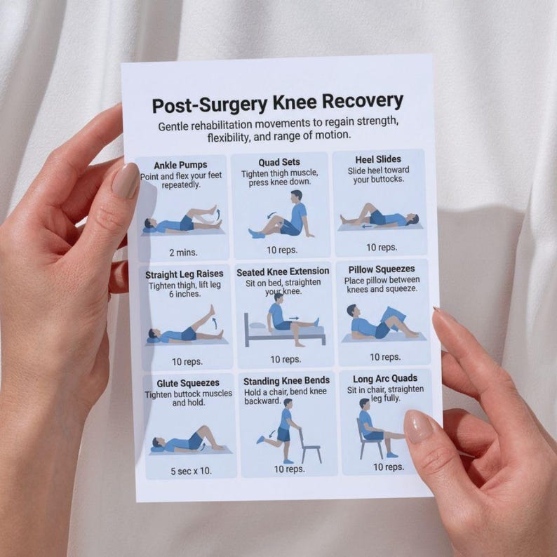 K&ouml;nnte beinhalten: Ein wei&szlig;es, bedrucktes Blatt mit dem Titel &bdquo;Post-OP-Knie-Erholung&ldquo; mit illustrierten &Uuml;bungen zur sanften Rehabilitation. Das Blatt enth&auml;lt Anweisungen f&uuml;r Kn&ouml;chel-Pumps, Quad-Sets, Fersengleiten, Beinheben, Kniebeugen im Sitzen, Kissen-Quetschen, Ges&auml;&szlig;muskel-Quetschen, Kniebeugen im Stehen und lange Bogen-Quads.
