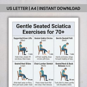 Könnte beinhalten: Ein weißes Poster mit dem Text "Gentle Seated Sciatica Exercises for 70+". Das Poster zeigt Illustrationen von Übungen, einschließlich Knieheben, Fußkreisen und Dehnübungen, mit Anweisungen und Zeitangaben.