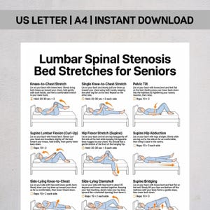 Puede incluir: Un póster informativo blanco titulado Lumbar Spinal Stenosis Bed Stretches for Seniors, con nueve ilustraciones en blanco y negro de una persona realizando ejercicios en una cama, junto con instrucciones de texto y formatos US Letter y A4.