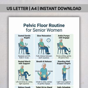 Op de afbeelding: Een witte poster met de titel "Bekkenbodemroutine voor senioren". De poster bevat illustraties en instructies voor verschillende oefeningen, zoals zittende Kegels en enkelpompen. De tekst "US LETTER | A4 | INSTANT DOWNLOAD" staat bovenaan.