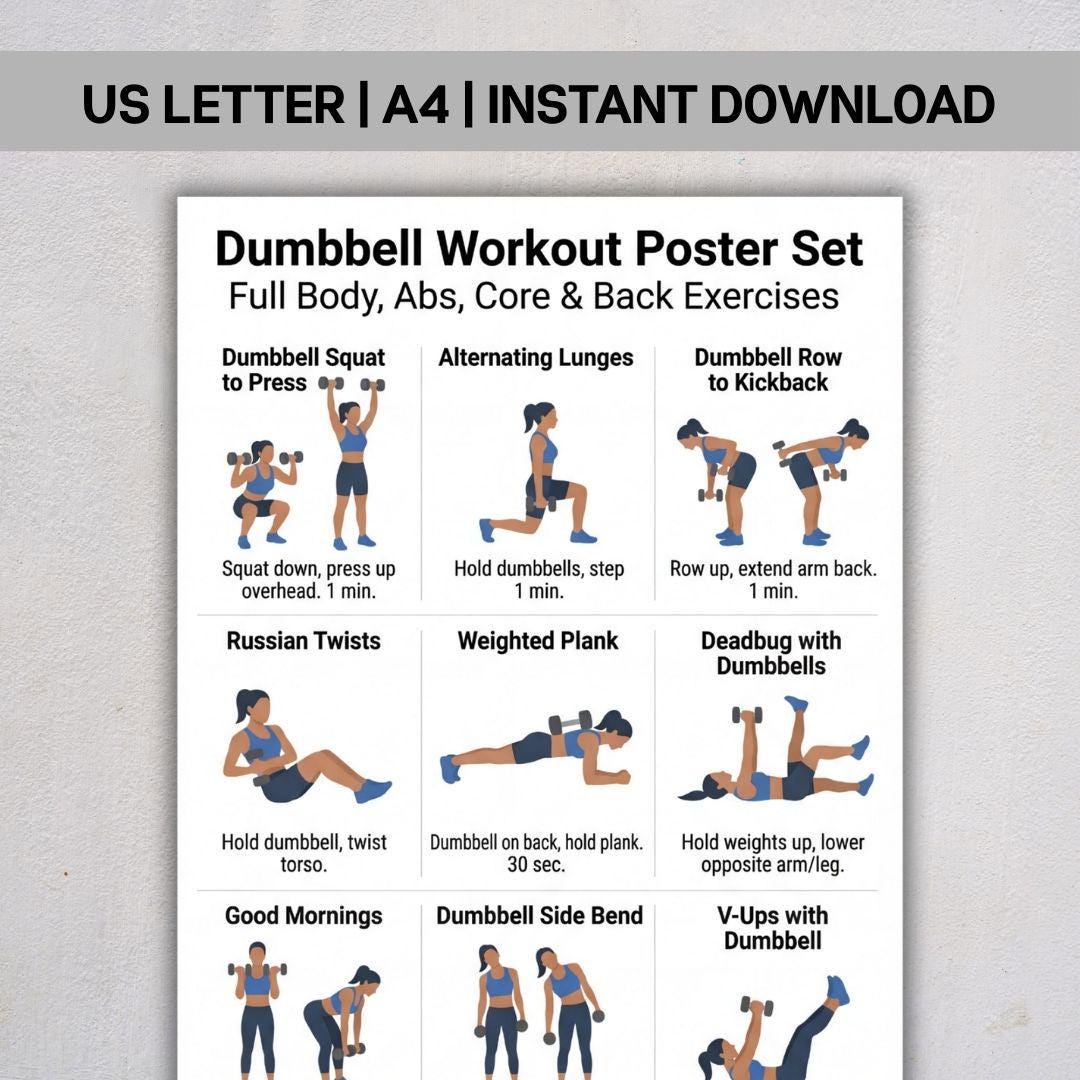 Dumbbell Workout Poster Set, Full Body Exercise Chart PDF, Abs Core ...