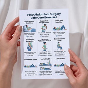 May include: A white paper with the title "Post-Abdominal Surgery Safe Core Exercises" and illustrations demonstrating various exercises. The exercises include breathing techniques, pelvic floor activation, and other movements. The paper is held by a person.