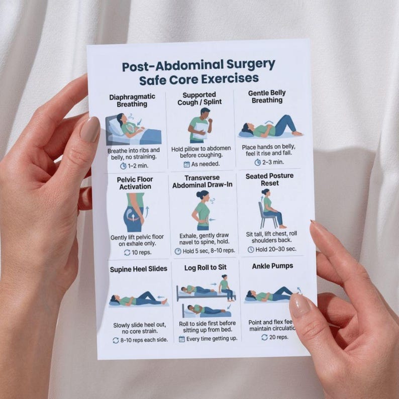 May include: A white paper with the title "Post-Abdominal Surgery Safe Core Exercises" and illustrations demonstrating various exercises. The exercises include breathing techniques, pelvic floor activation, and other movements. The paper is held by a person.