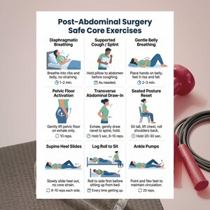 May include: A white infographic titled "Post-Abdominal Surgery Safe Core Exercises" with illustrations demonstrating breathing and core exercises. A red jump rope and a pink handle are in the background.
