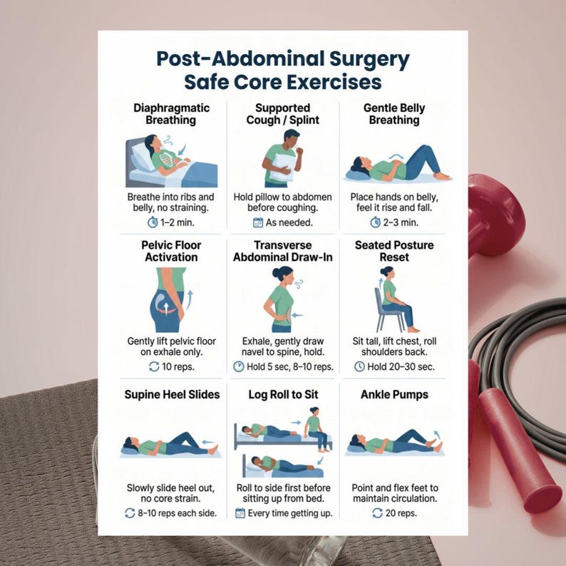 May include: A white infographic titled "Post-Abdominal Surgery Safe Core Exercises" with illustrations demonstrating breathing and core exercises. A red jump rope and a pink handle are in the background.