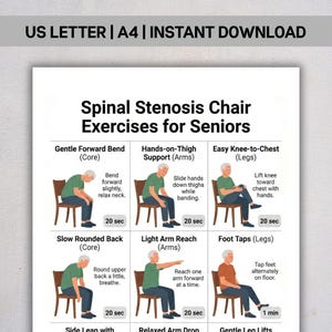 May include: A printable guide titled "Spinal Stenosis Chair Exercises for Seniors." The guide features illustrations of exercises, including Gentle Forward Bend, Hands-on-Thigh Support, and Easy Knee-to-Chest. The text includes exercise names, descriptions, and time durations.