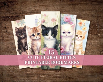 Cute Floral Kitten Printable Bookmark Set, Digital Download, Cats, Ephemera Kit, Embellishment, Scrapbook, Kids Bookmark Set