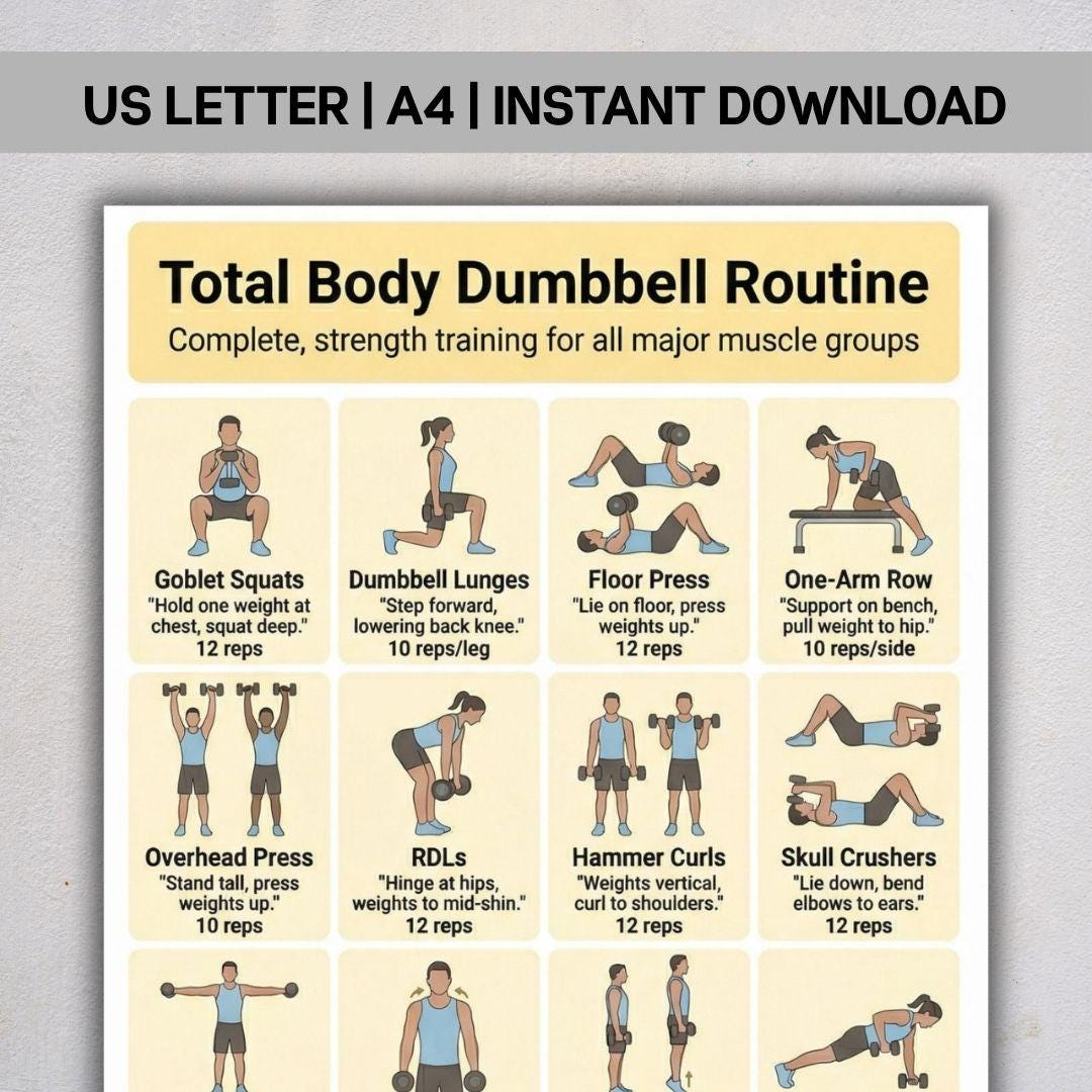 Total Body Dumbbell Workout, Full Body Dumbbell Exercise Chart PDF ...