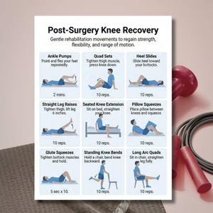 K&ouml;nnte beinhalten: Ein wei&szlig;es Poster mit Illustrationen und Text, das &Uuml;bungen zur Genesung des Knies nach einer Operation detailliert. Die &Uuml;bungen umfassen Kn&ouml;chel-Pumps, Quad-Sets, Fersengleiten, Beinheben, Kniebeugen im Sitzen, Kissen-Quetschen usw.
