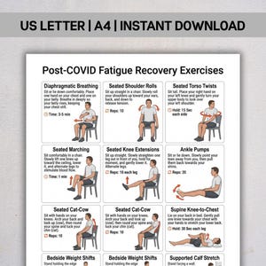Könnte beinhalten: Ein weißes Informationsplakat mit dem Titel Post-COVID Fatigue Recovery Exercises, das Illustrationen einer Person zeigt, die verschiedene Bewegungen wie Zwerchfellatmung, Schulterrollen, Rumpfdrehungen, Marschieren, Kniestrecken und Knöchelpumpen ausführt.