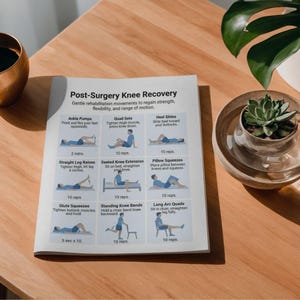 K&ouml;nnte beinhalten: Ein gedruckter Leitfaden mit dem Titel &bdquo;Post-Surgery Knee Recovery&ldquo; mit Illustrationen von &Uuml;bungen zur Wiedererlangung von Kraft und Flexibilit&auml;t. Der Leitfaden liegt auf einem Holztisch, in der N&auml;he einer Sukkulentenpflanze in einer Holzschale.