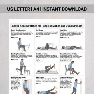 Sanfte Knie-Dehnübungen zum Ausdrucken, gelenkschonende Mobilitätsübungen, Heimtraining ohne Geräte, Beweglichkeits- und Oberschenkelmuskeltraining, US-Letter-PDF