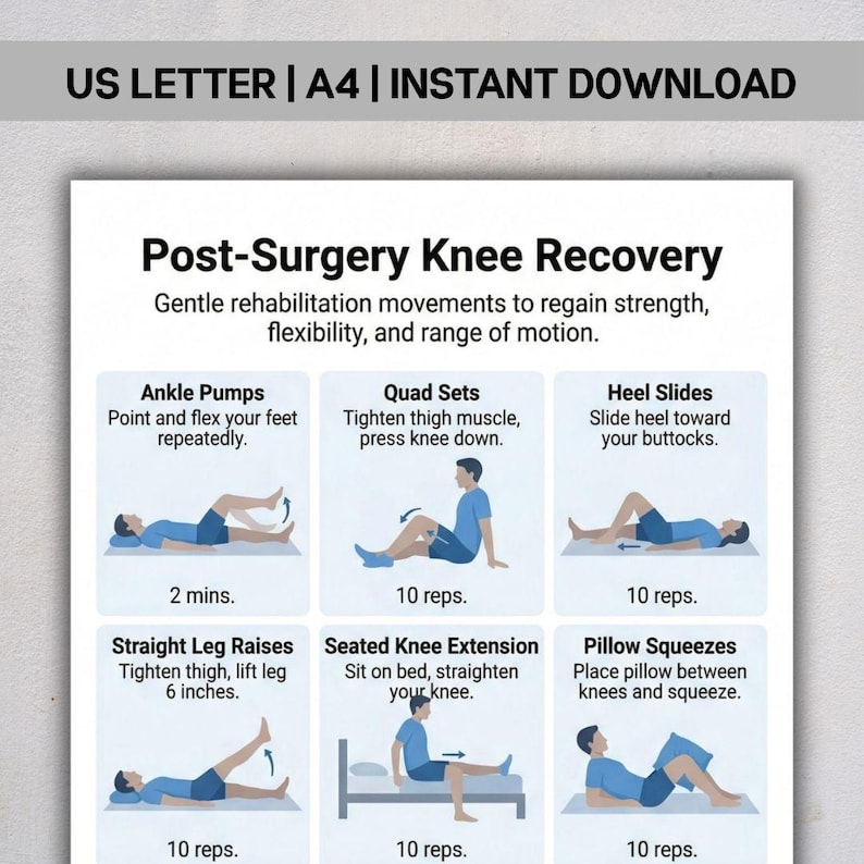 K&ouml;nnte beinhalten: Ein wei&szlig;es, druckbares Handbuch mit dem Titel "Knie-Erholung nach der Operation" mit &Uuml;bungsillustrationen. Der Leitfaden enth&auml;lt Anweisungen f&uuml;r Kn&ouml;chel-Pumps, Quad-Sets, Fersen-Slides, Beinheben, Knie-Streckung im Sitzen und Kissen-Quetschen.