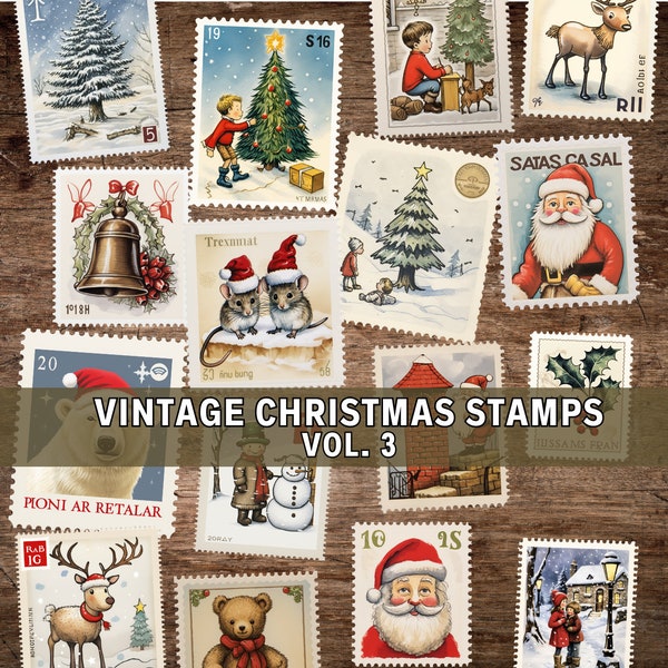 Fake Vintage Christmas Stamps Vol 3, Junk Journal Kit, Digital Download, Printable Pages, Retro, Victorian, Vintage Ephemera, Scrapbook