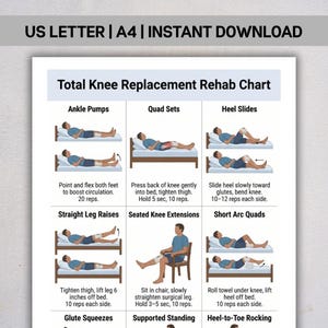 May include: A printable chart titled "Total Knee Replacement Rehab Chart" with illustrations of exercises. The chart includes exercises like Ankle Pumps, Quad Sets, Heel Slides, Straight Leg Raises, Seated Knee Extensions, and Short Arc Quads. The text "US LETTER | A4 | INSTANT DOWNLOAD" is at the top.
