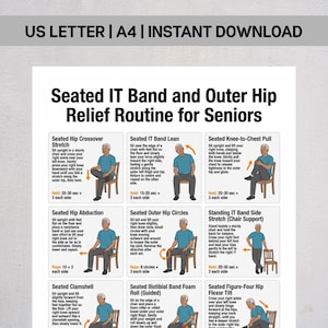 Könnte beinhalten: Ein weißes Informationsplakat mit dem Titel Seated IT Band and Outer Hip Relief Routine for Seniors. Es enthält neun illustrierte Felder mit Übungsanleitungen, Textbeschreibungen, orangefarbenen Pfeilen und Figuren auf Holzstühlen.