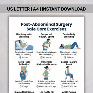 May include: A white infographic with the text "US LETTER | A4 | INSTANT DOWNLOAD" at the top. The infographic details safe core exercises after abdominal surgery, including breathing and posture techniques. The exercises are illustrated with simple diagrams.