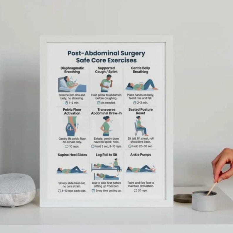 May include: A framed white print titled "Post-Abdominal Surgery Safe Core Exercises." The print features illustrated instructions for exercises like diaphragmatic breathing, pelvic floor activation, and ankle pumps. The exercises are designed to aid in post-surgery recovery.