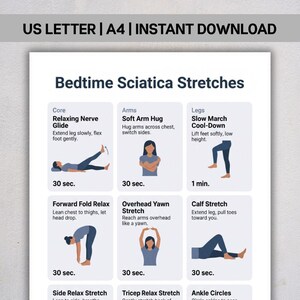 Może przedstawiać: Biały wydruk z tytułem "Bedtime Sciatica Stretches" i ilustracjami ćwiczeń. U góry strony widnieje napis "US LETTER | A4 | INSTANT DOWNLOAD". Każde ćwiczenie jest opisane nazwą i czasem trwania.
