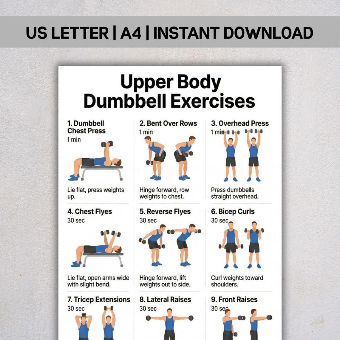 Upper Body Dumbbell Exercises, Printable Workout Chart PDF, Home ...