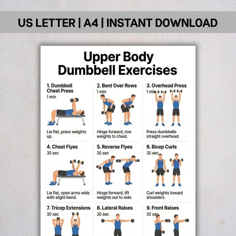 Upper Body Dumbbell Exercises, Printable Workout Chart PDF, Home ...
