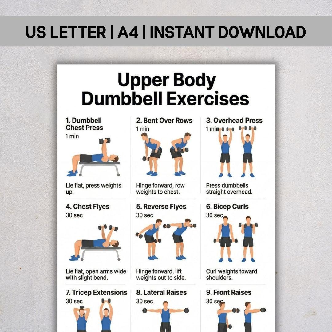Upper Body Dumbbell Exercises, Printable Workout Chart PDF, Home ...