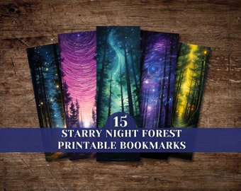 Starry Night Forest Printable Bookmark Set, Digital Download, Ephemera Kit, Embellishment, Silhouette, Scrapbook, Fantasy, Bookmark Set