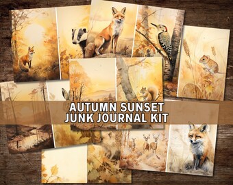 Autumn Sunset Junk Journal Kit, Digital Download, Printable Pages, Fall Journal, November, Scrapbook Paper, Watercolor