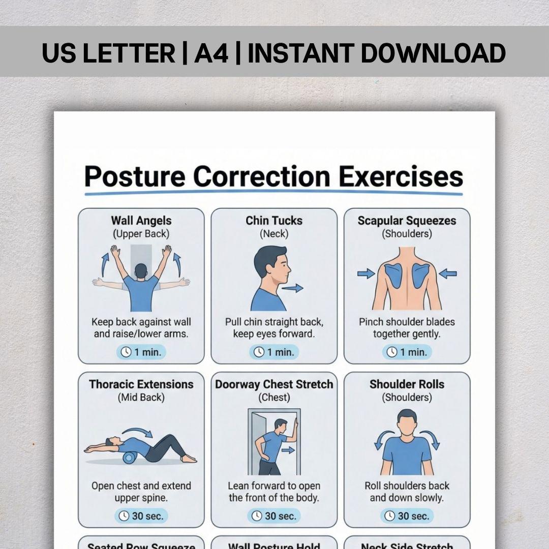 Posture Correction Exercises Printable PDF, Posture Fix Workout Chart ...