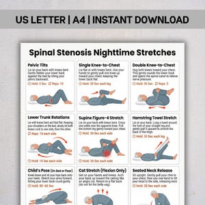 May include: A white informational poster titled Spinal Stenosis Nighttime Stretches featuring nine illustrated exercise guides. Each section includes text instructions, hold times, and repetition counts for movements like pelvic tilts and knee-to-chest stretches.