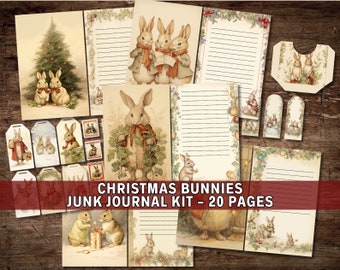 Christmas Bunnies Junk Journal Kit, Digital Download, Printable Pages, Vintage Christmas Ephemera, Festive Rabbit, Beatrix Potter, Scrapbook