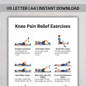 May include: A printable guide titled "Knee Pain Relief Exercises" with illustrations of various exercises. The exercises include Straight Leg Raises, Clamshells, Quad Sets, Heel Slides, Side Lying Leg Lifts, and Prone Hip Extensions.