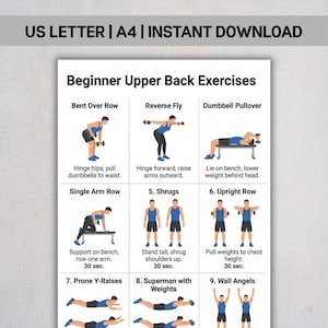 May include: A printable exercise guide titled "Beginner Upper Back Exercises" with illustrations and instructions for various exercises, including Bent Over Row, Reverse Fly, and Dumbbell Pullover. The text "US LETTER | A4 | INSTANT DOWNLOAD" is at the top.