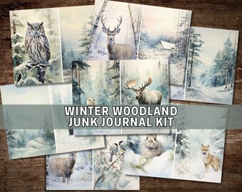 Winter Woodland Junk Journal Kit, Digital Download, Printable Pages, Forest Junk Journal, Animal Junk Journal, Scrapbook Paper, Watercolor