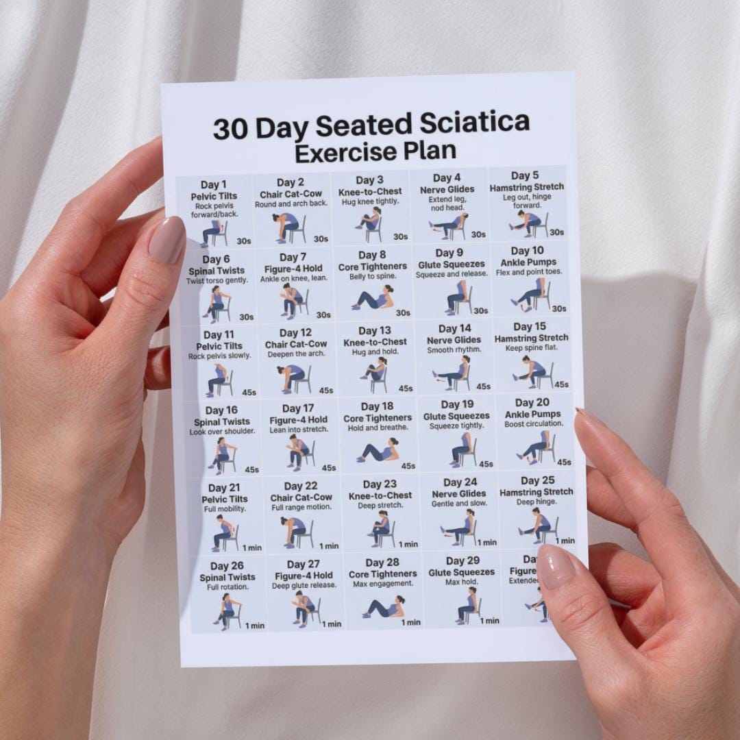 Post Scad Exercise Plan.pdf 30 Day Seated Sciatica Exercise Plan PDF, Sciatica Pain Relief, Chair ...