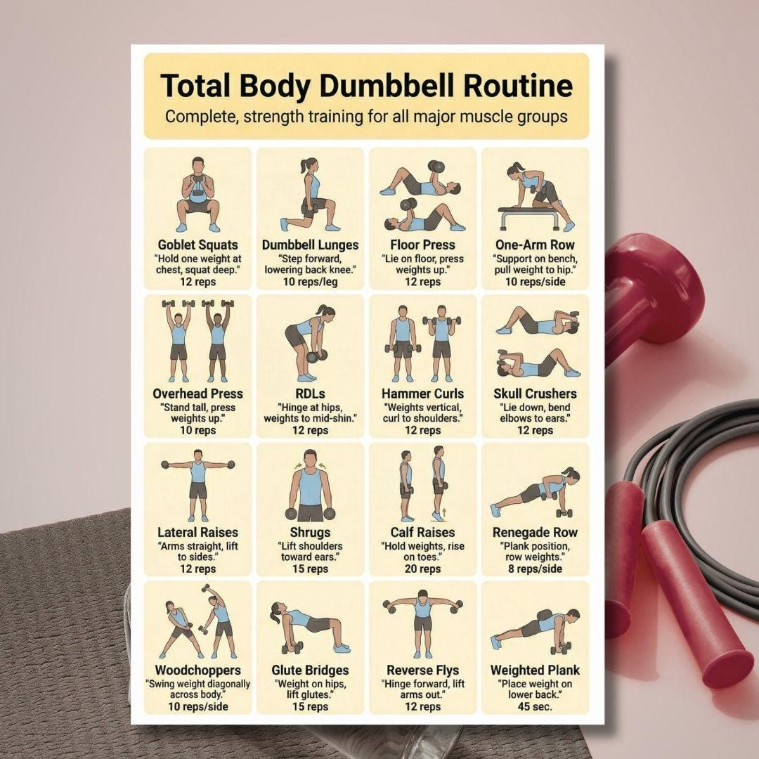Total Body Dumbbell Workout, Full Body Dumbbell Exercise Chart PDF ...