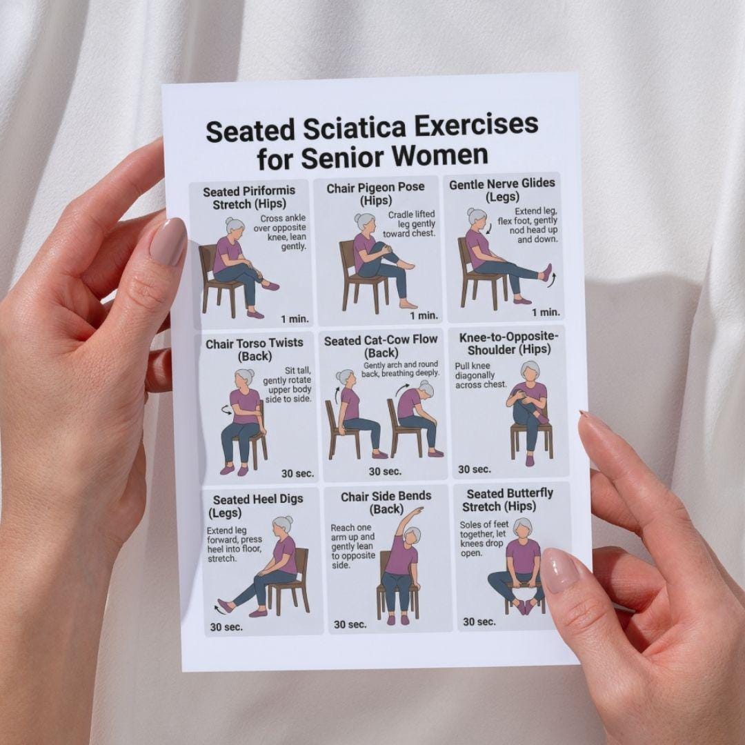 Gentle Mobility Routine Seated Sciatica Exercises for Senior Women PDF, Chair Stretches, Back ...