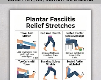PDF con ejercicios de estiramiento para aliviar la fascitis plantar, tabla de ejercicios para el dolor de pies y talones, infografía imprimible de fisioterapia, descarga instantánea.