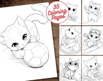 35 Cute Cat Coloring Pages - Adult And Kids Coloring Book, Animal Coloring Sheets, Anime, Instant Download, Printable PDF File