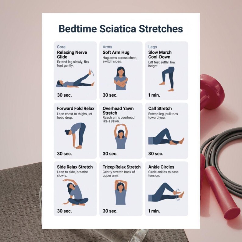 May include: A white infographic titled "Bedtime Sciatica Stretches" with illustrations of various exercises. The exercises include core, arms, and legs stretches, each with a brief description and time duration. A red jump rope is visible in the background.